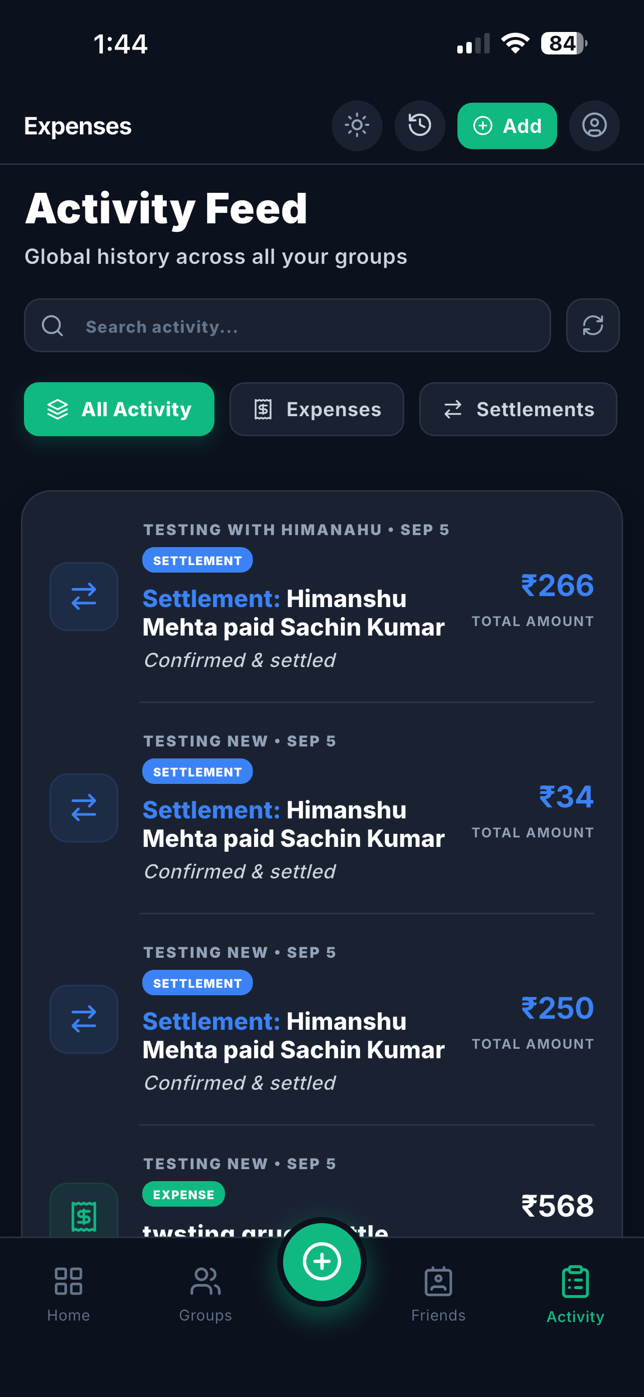 Activity feed showing expenses and confirmed settlements
