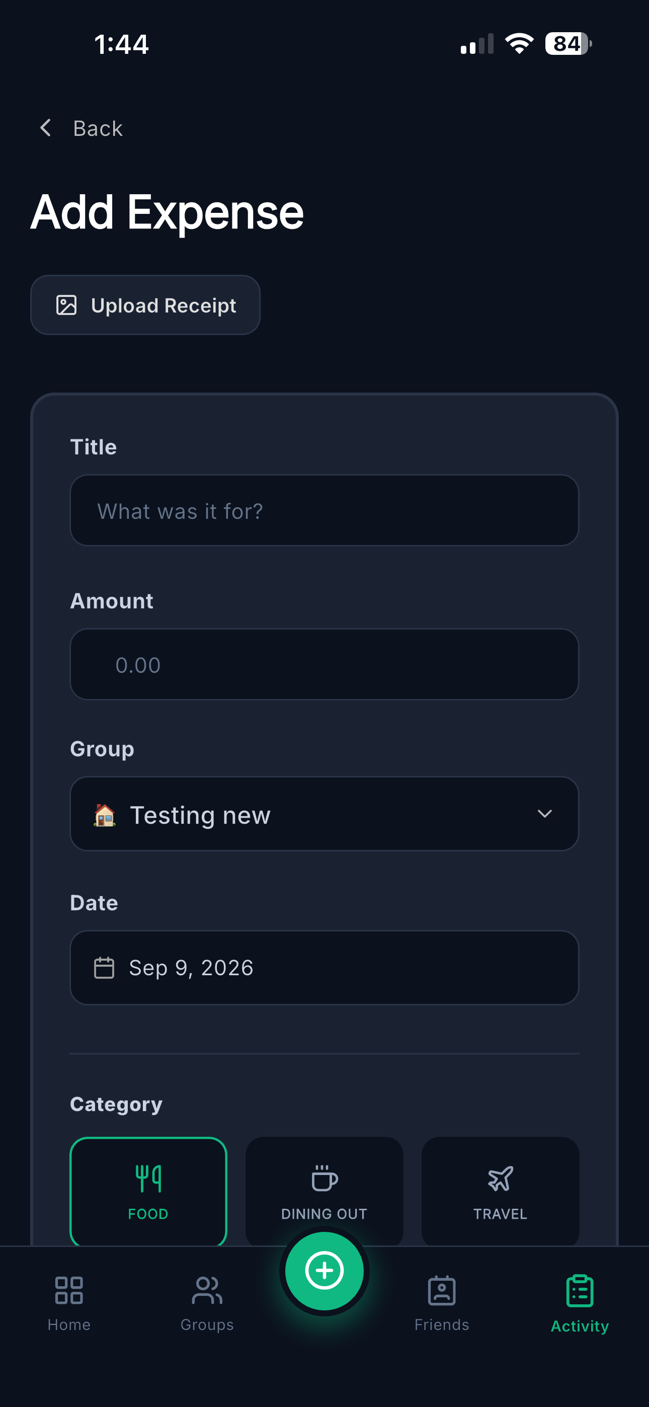 Add Expense form with title, amount, group, date and category