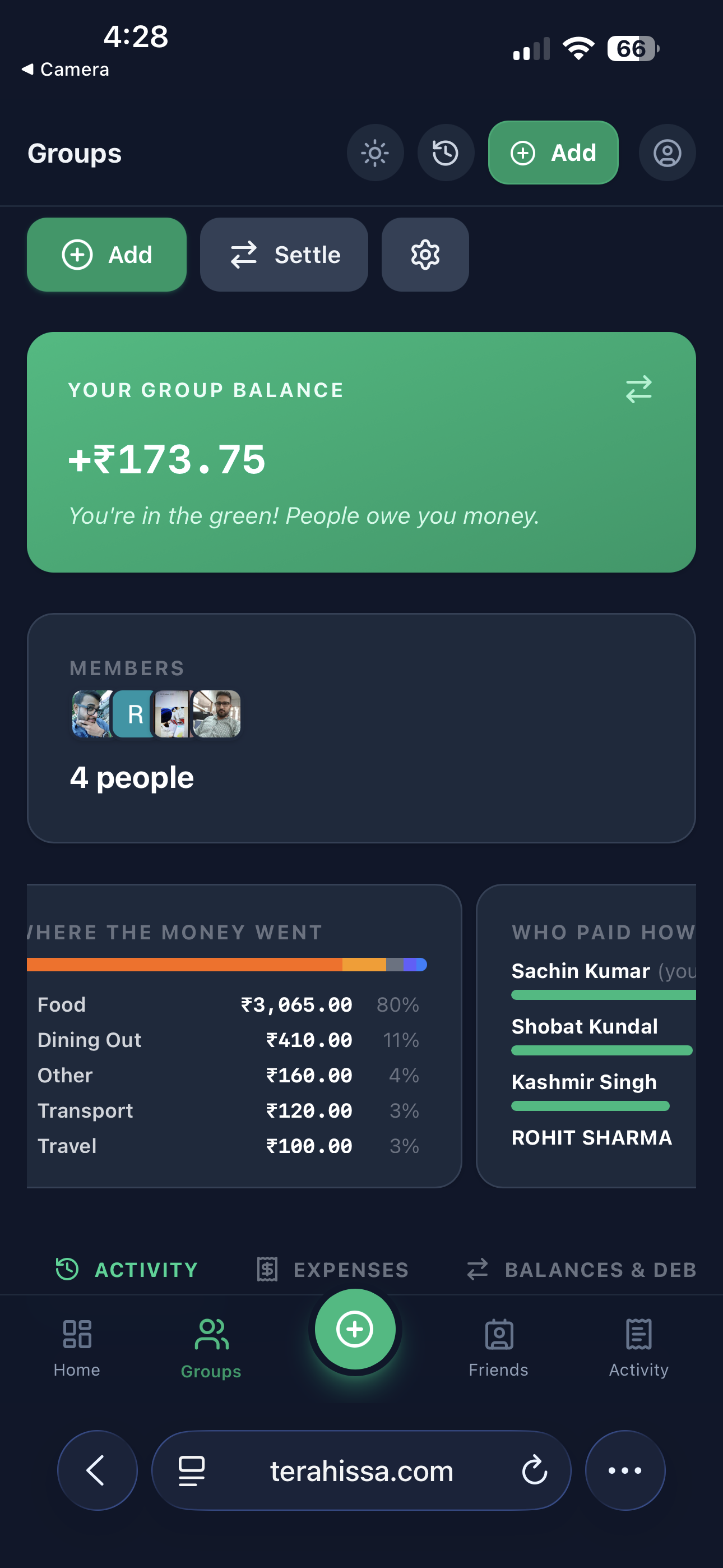 Group screen showing balance, members and a spending breakdown by category and person