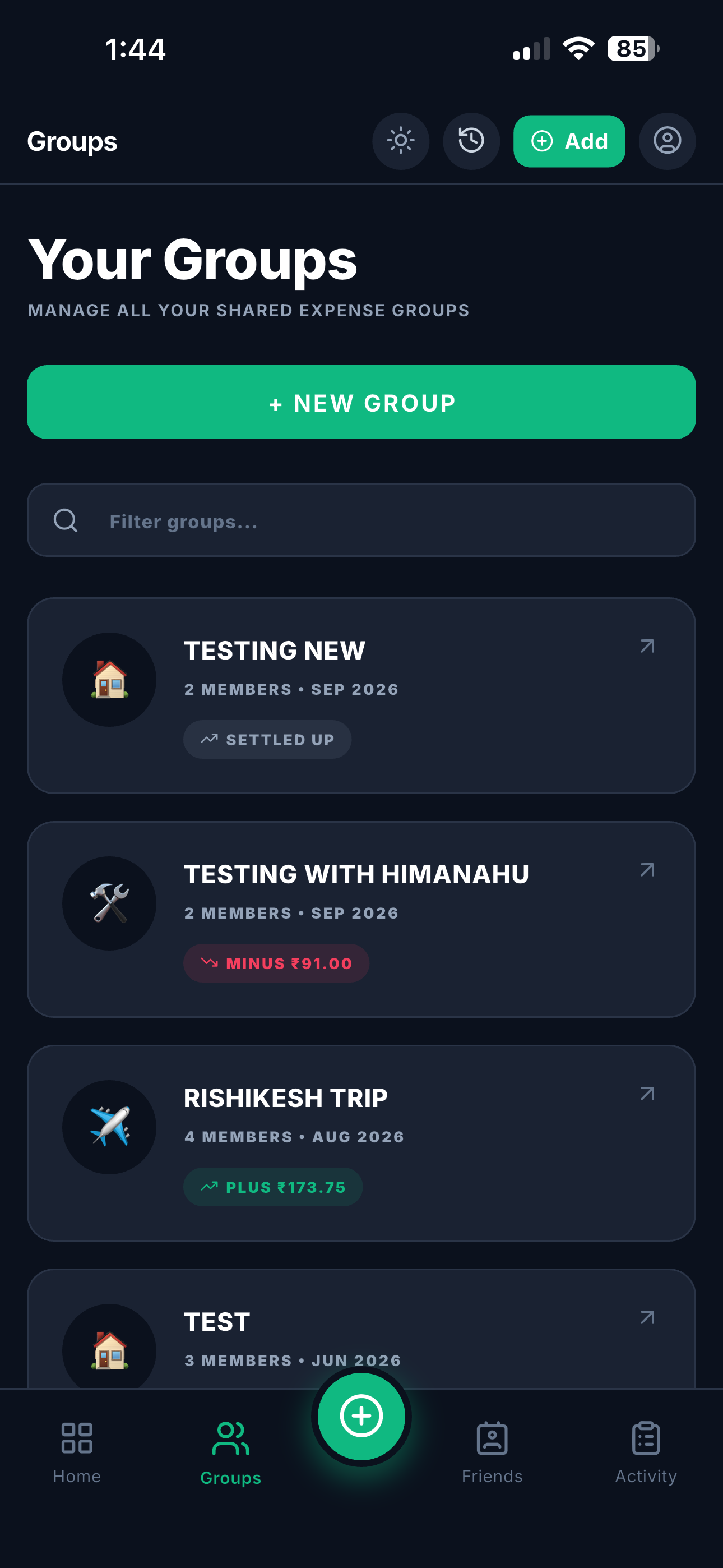 Your Groups screen listing expense groups with balances