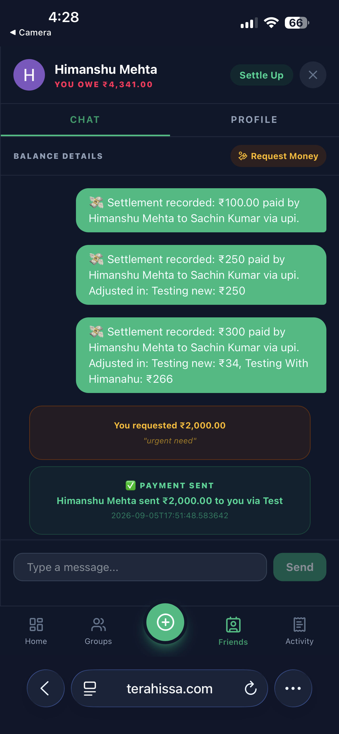 Friend thread showing a money request, settlement records and a confirmed payment